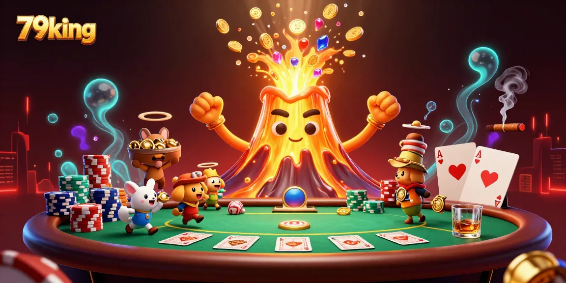 Engage with 79king's thrilling casino scene featuring a volcano erupting treasures and poker elements