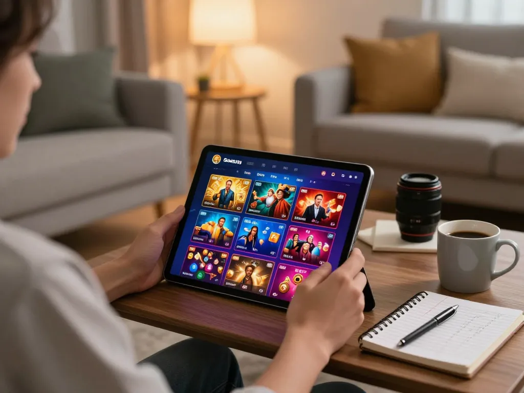 Player enjoying sc88 mobile casino app on tablet with vibrant game options and cozy living room setting