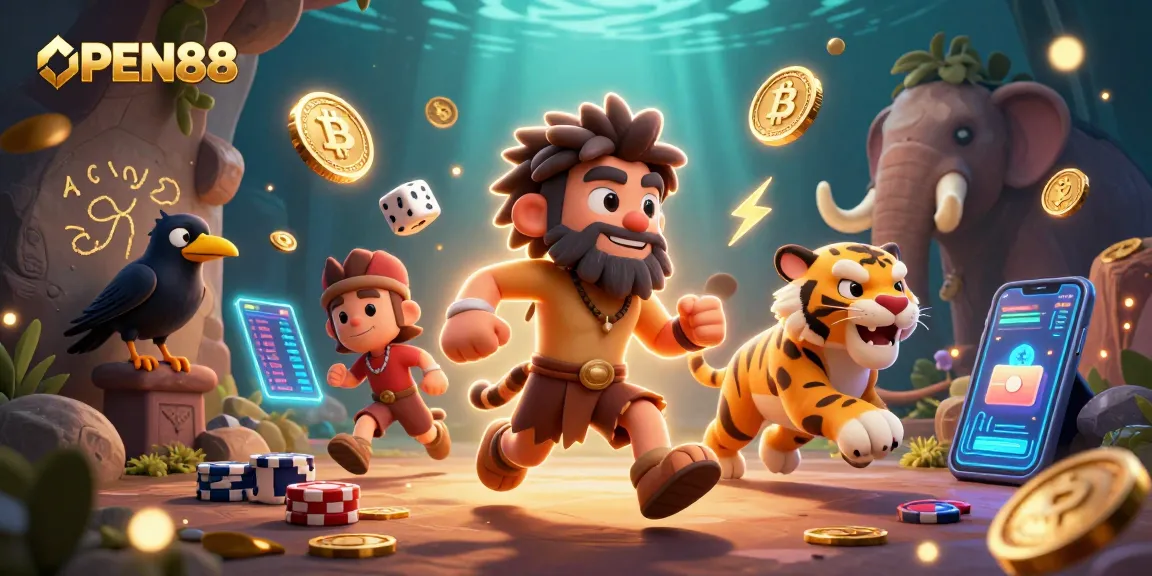 Join the excitement at OPEN88 with a lively prehistoric casino scene featuring unique characters and vibrant crypto elements.