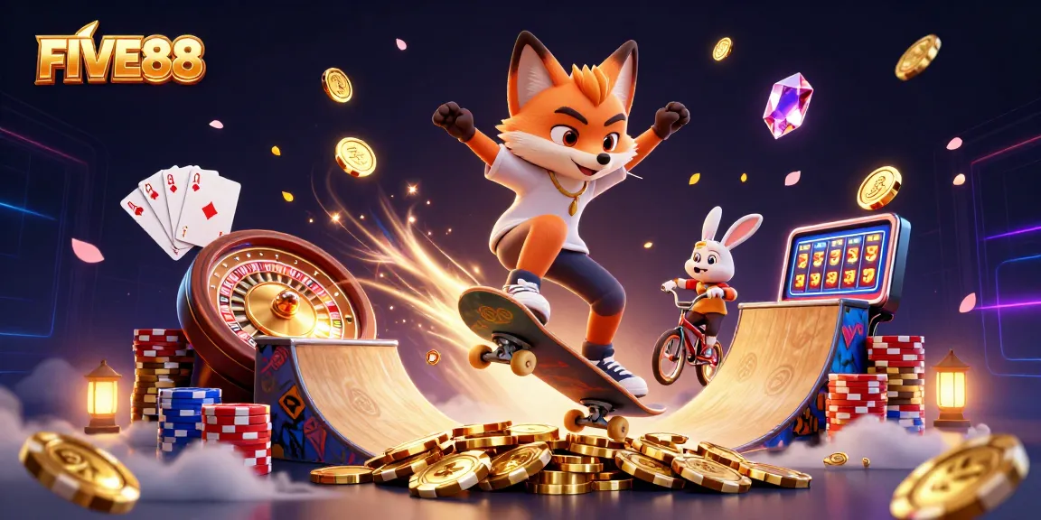 Experience the excitement of FIVE88 with dynamic gameplay featuring casino symbols and vibrant characters.