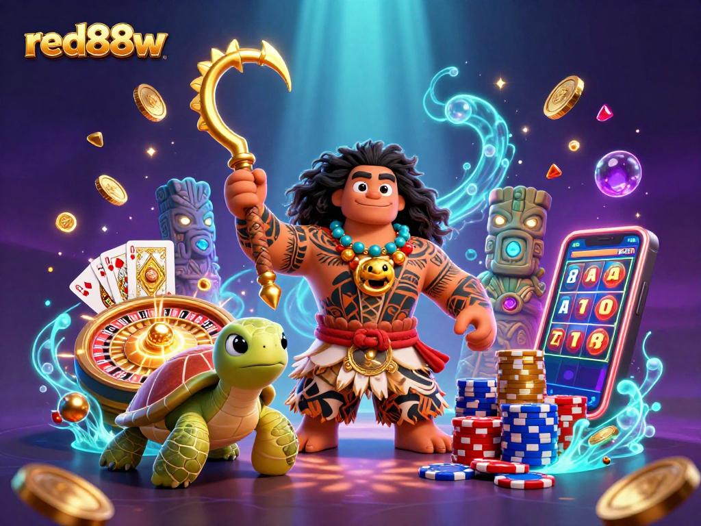 Winning at red88w with a vibrant casino scene featuring a demigod and sparkling game elements.