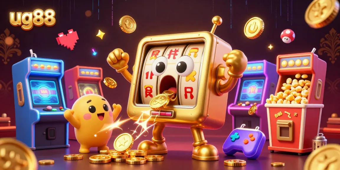 Engaging scene of ug88's golden slot machine celebrating a jackpot with cheering baby machines, surrounded by colorful game elements.
