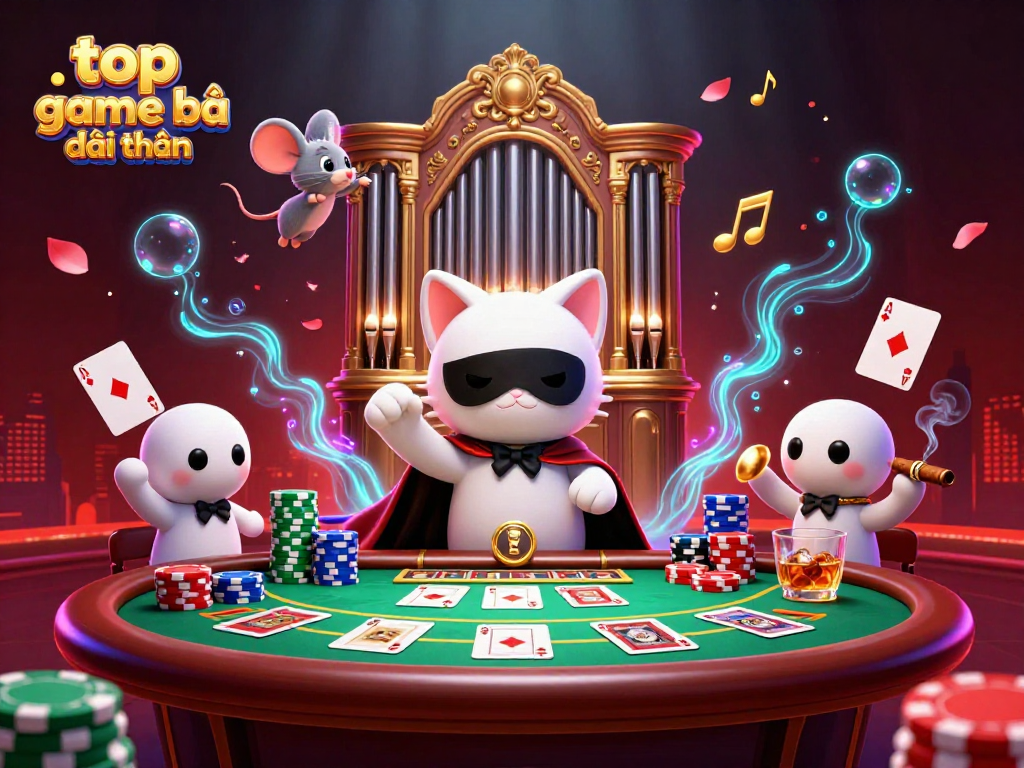 Experience top game bài đổi thưởng with lively casino elements and characters in this vibrant illustration.
