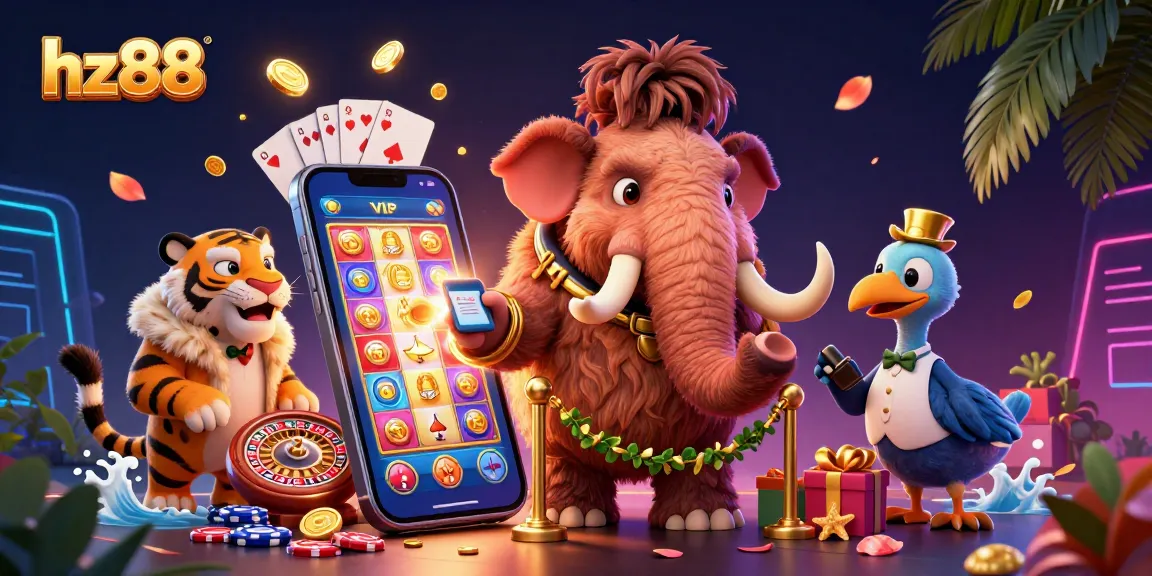 Experience thrilling gaming at hz88 with a vivid 3D casino scene showcasing a bouncer, VIP guest, and doorman.