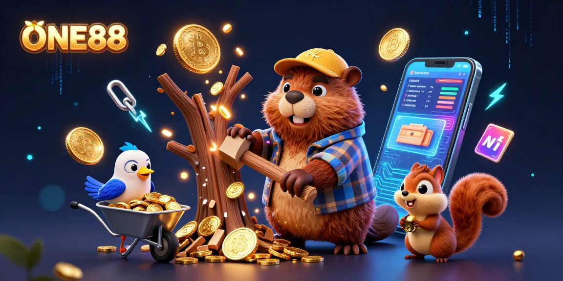 Engage with ONE88’s lively casino scene featuring beaver and friends collecting golden coins and crypto assets.