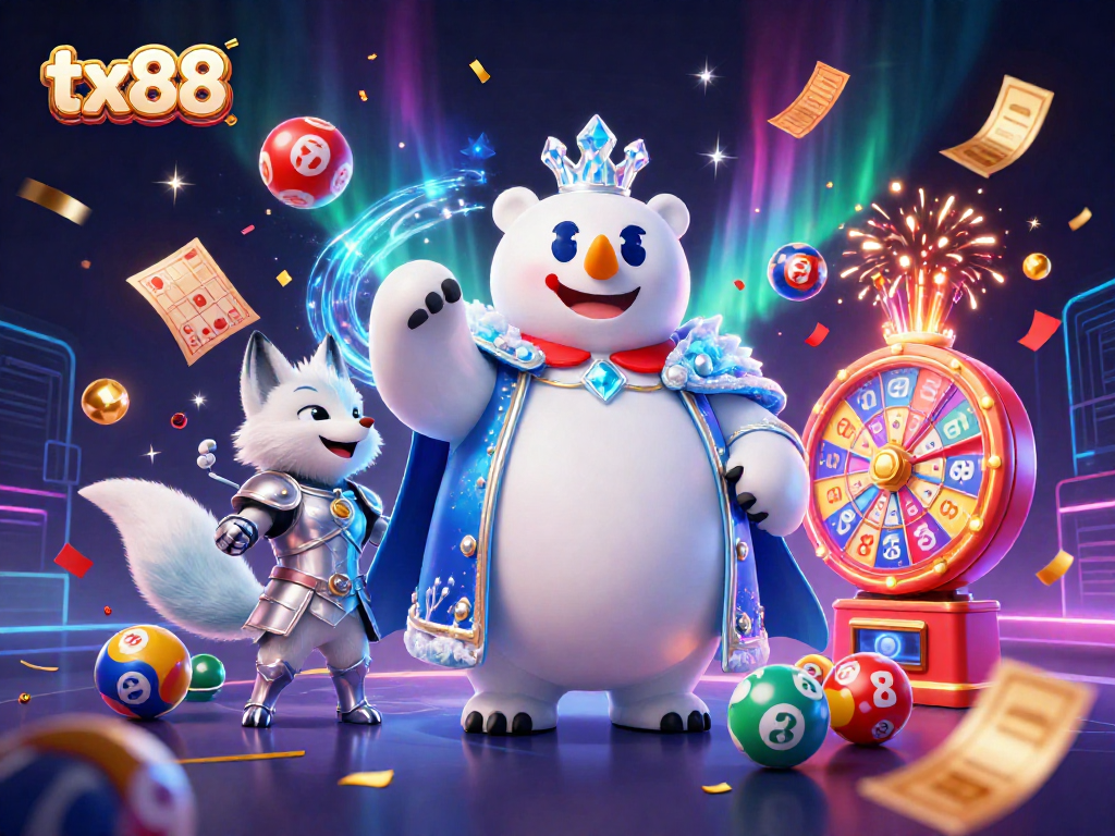 Experience the excitement of tx88 with a stunning 3D illustration of a polar bear king and vibrant lottery elements.