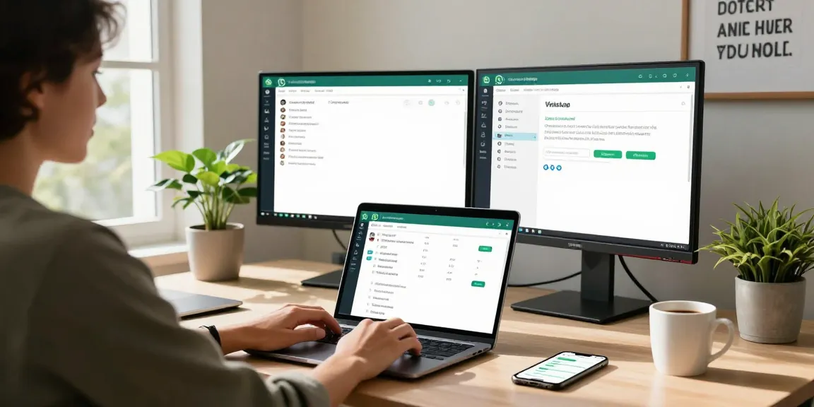 Person using WhatsApp網頁版 on laptop in a modern home office.