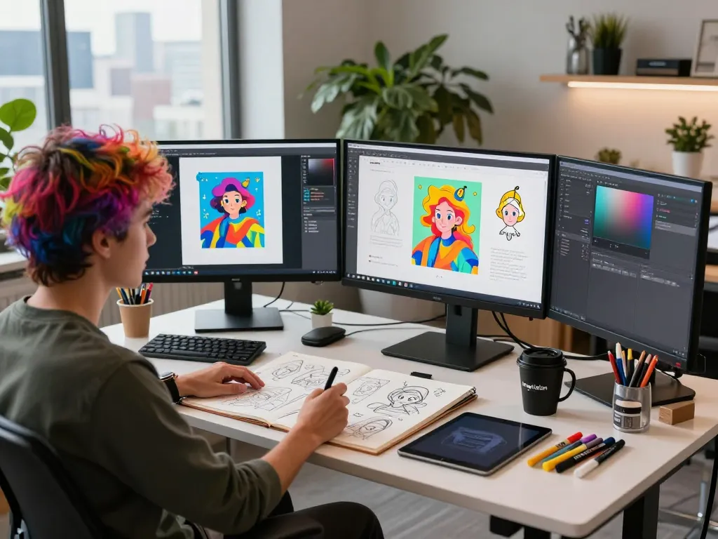 Artist using nano banana AI image editor in a modern digital art studio