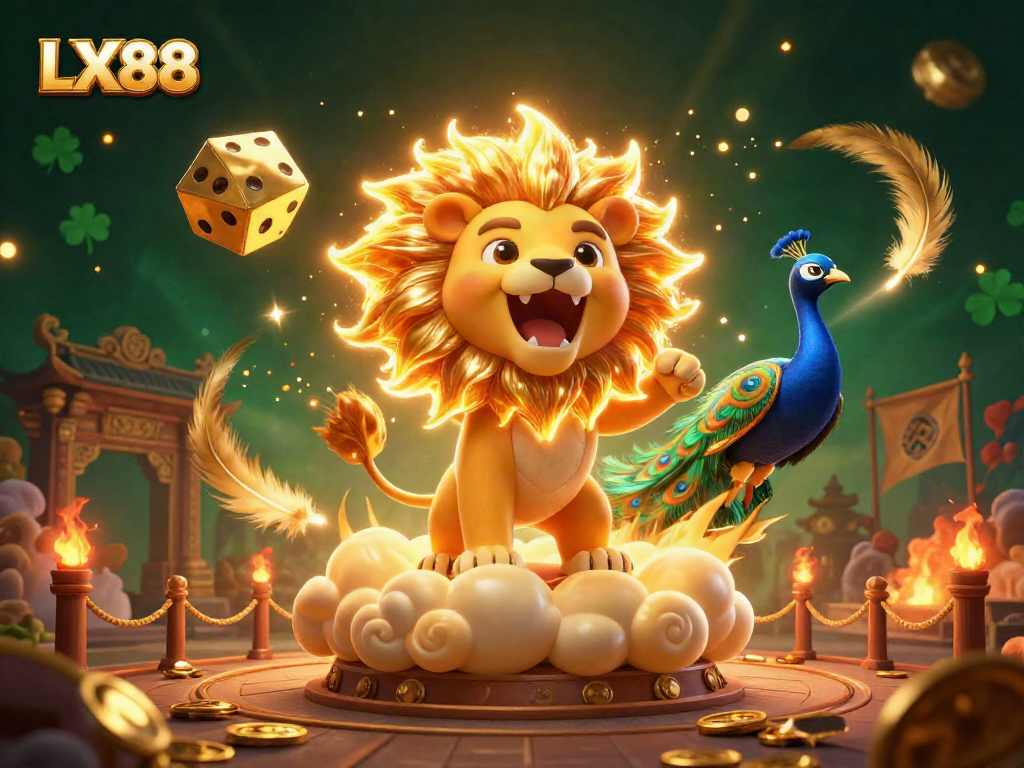 Engage with LX88 as the sun lion roars amidst golden dice and vibrant casino elements.