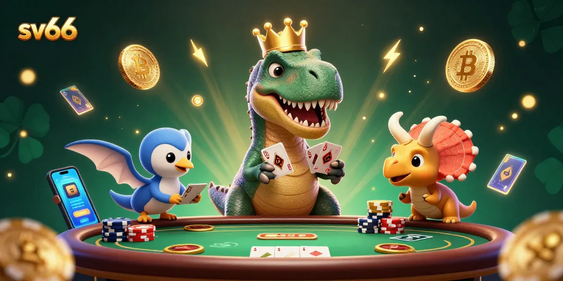 sv66 showcases an exciting poker scene with a friendly T-Rex shuffled cards, emphasizing engaging gameplay.