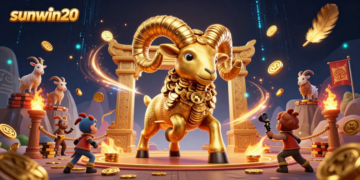 Engage the action with sunwin20's massive golden ram charging through a vibrant casino arena.