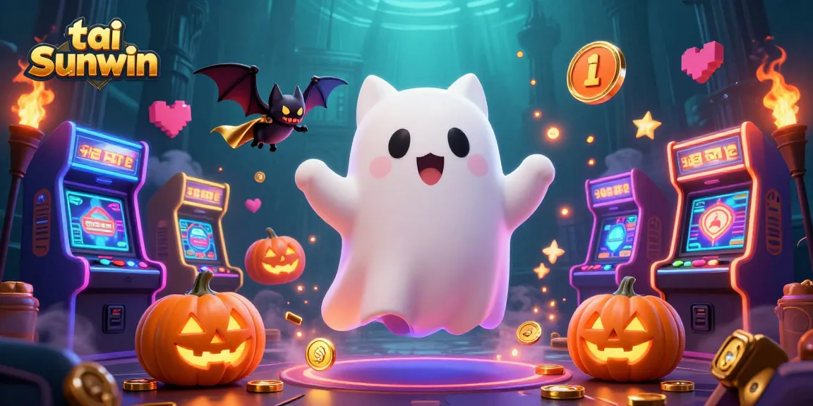 Play and win at tai sunwin with a delightful cartoon ghost cat in a vibrant casino setting.