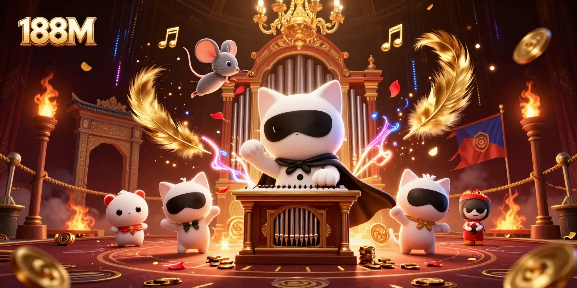Engage with 188M's casino atmosphere featuring a cat at a pipe organ and floating musical notes.