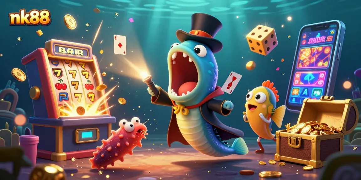 Engage with nk88 in a vibrant underwater casino scene, featuring unique characters and jackpot excitement.