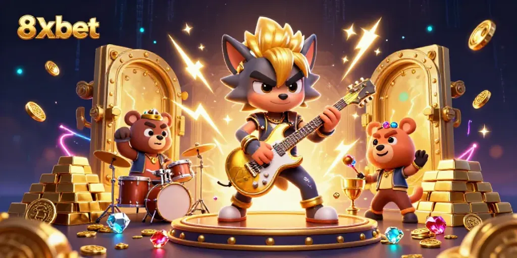 Experience thrilling entertainment with 8xbet as a wolf rocks onstage, surrounded by gems and gold.