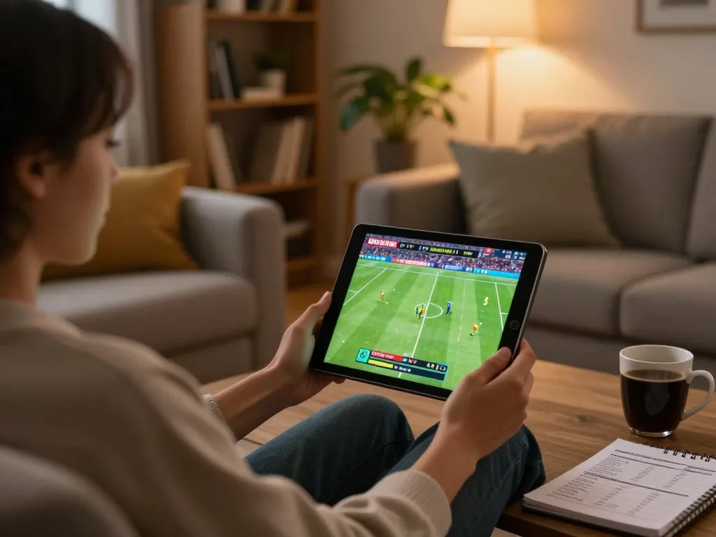 Experience bóng đá trực tuyến effortlessly on a tablet in a cozy home setting.