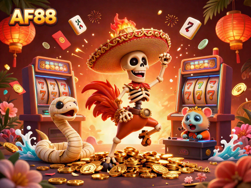 AF88 showcases a vibrant 3D casino scene featuring characters celebrating winnings amidst slot machines and festive decorations.