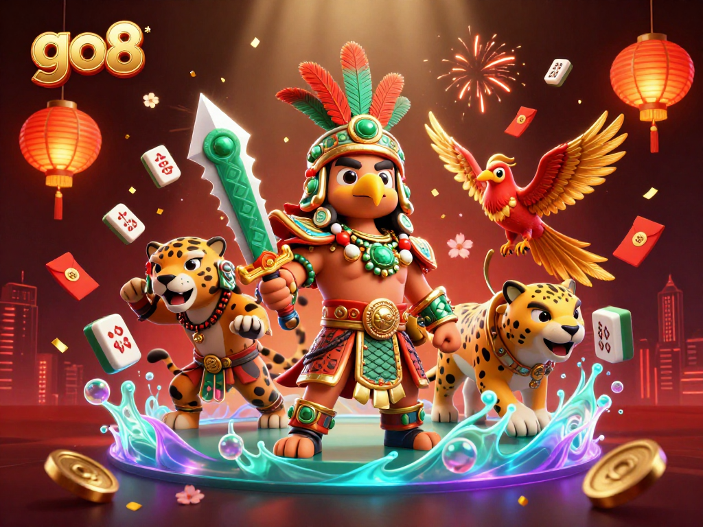Engage with go8, showcasing Aztec warriors and vibrant casino elements in a dynamic online gaming scene.