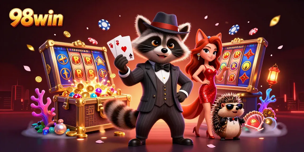 Engage with the thrilling world of 98win's casino offerings, featuring a suave raccoon, glam fox, and bouncer amidst jackpot excitement.