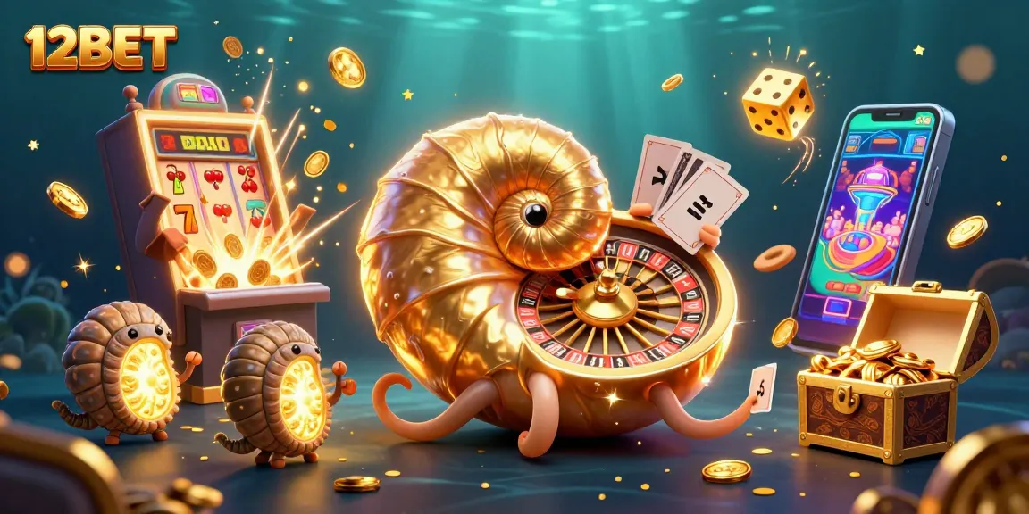 Engage with a vibrant 12BET casino scene featuring a giant nautilus as a roulette wheel alongside dynamic gaming elements.