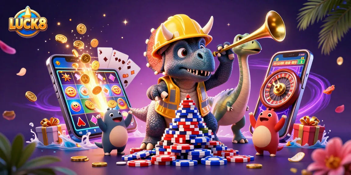 LUCK8 creates excitement with a triceratops building poker chip pyramids in a fun casino scene.