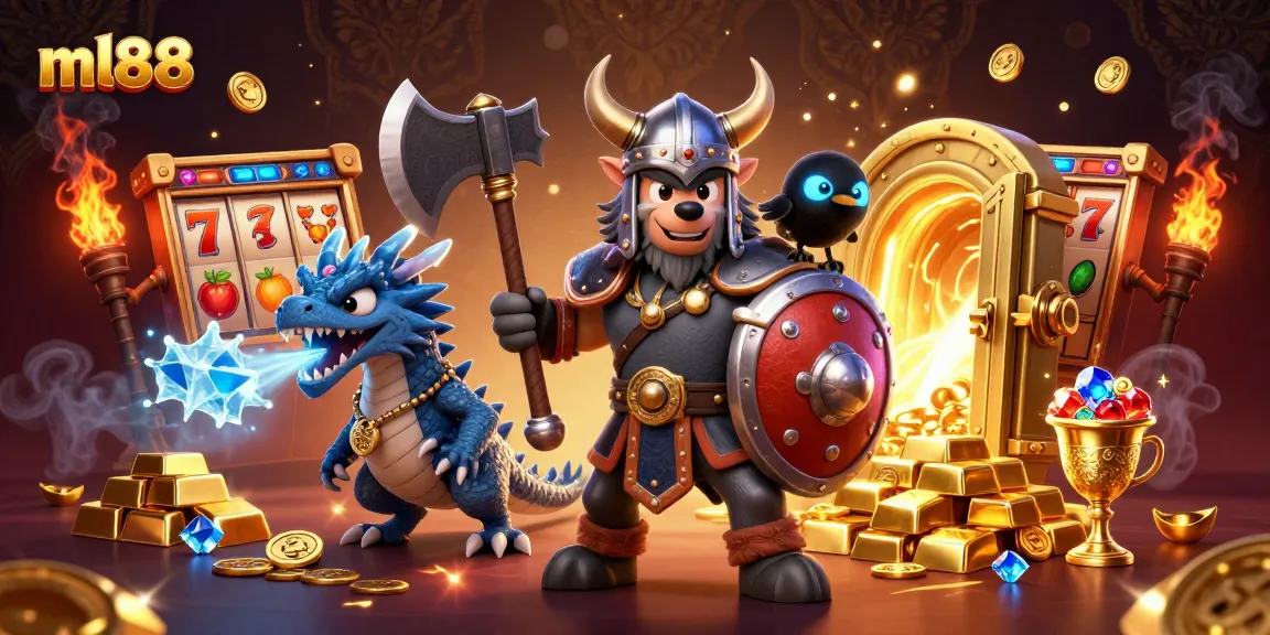 Spin the reels at ml88 to win big alongside a fierce Viking and a dragon in a treasure-filled casino