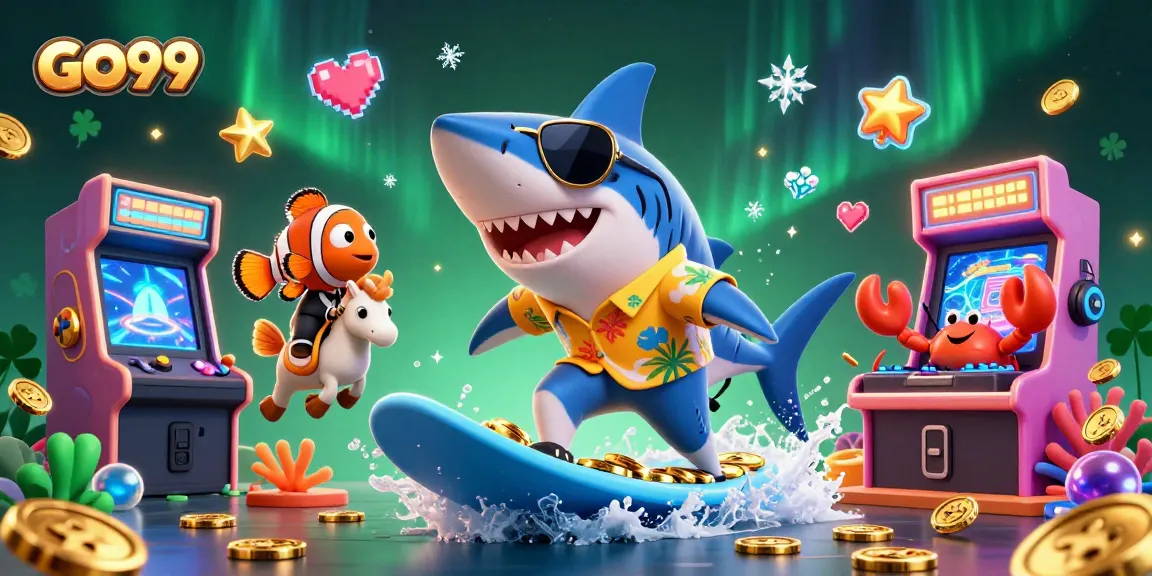 Engage with the lively GO99 gaming scene featuring a shark and clownfish in an exciting underwater treasure world.