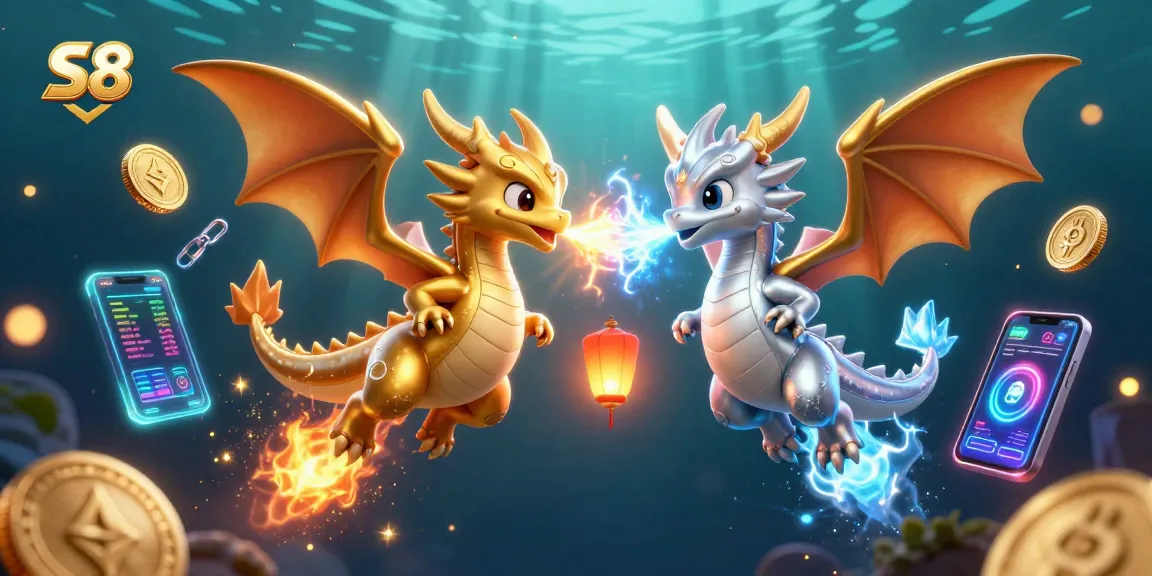 Engage with S8 gaming as golden and silver dragons battle, symbolizing crypto fortune.