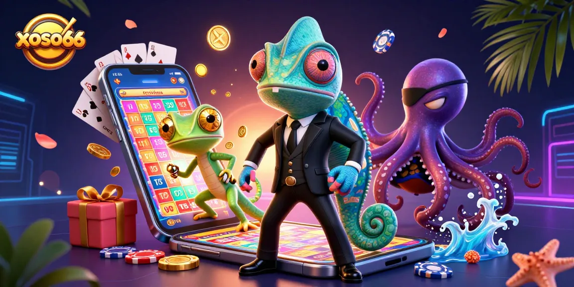 Xoso66 showcases engaging lottery gameplay through colorful visuals featuring a chameleon secret agent and friends.