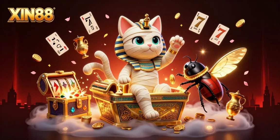 Experience the exciting XIN88 casino scene with a mummy cat and a scarab beetle surrounded by slot machines and treasures.
