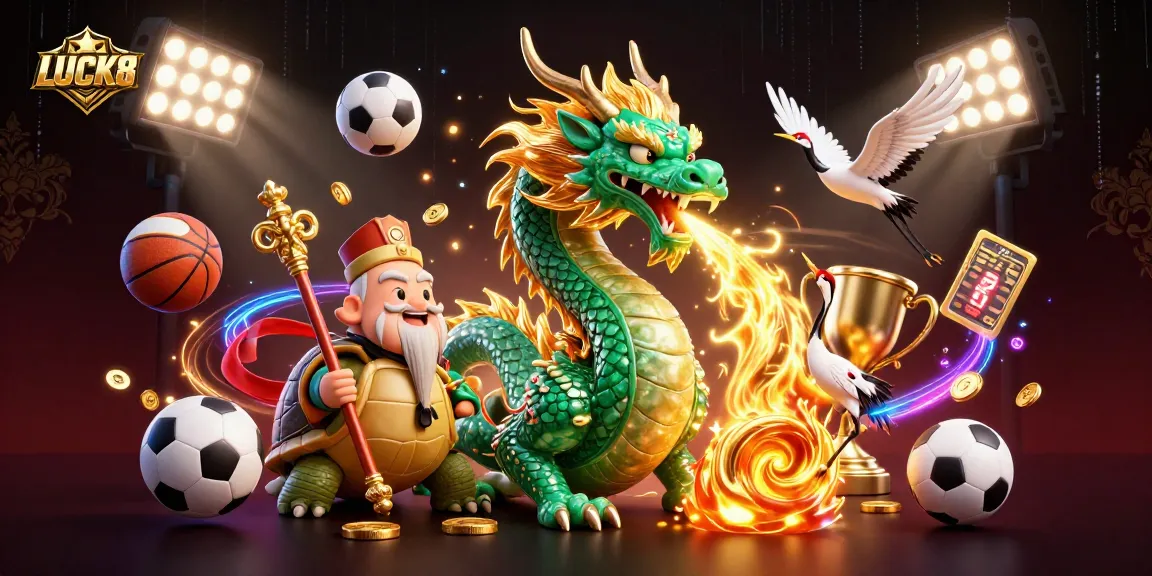 LUCK8 offers exhilarating sports betting action with vibrant dragon and turtle sage characters surrounded by dynamic game elements.