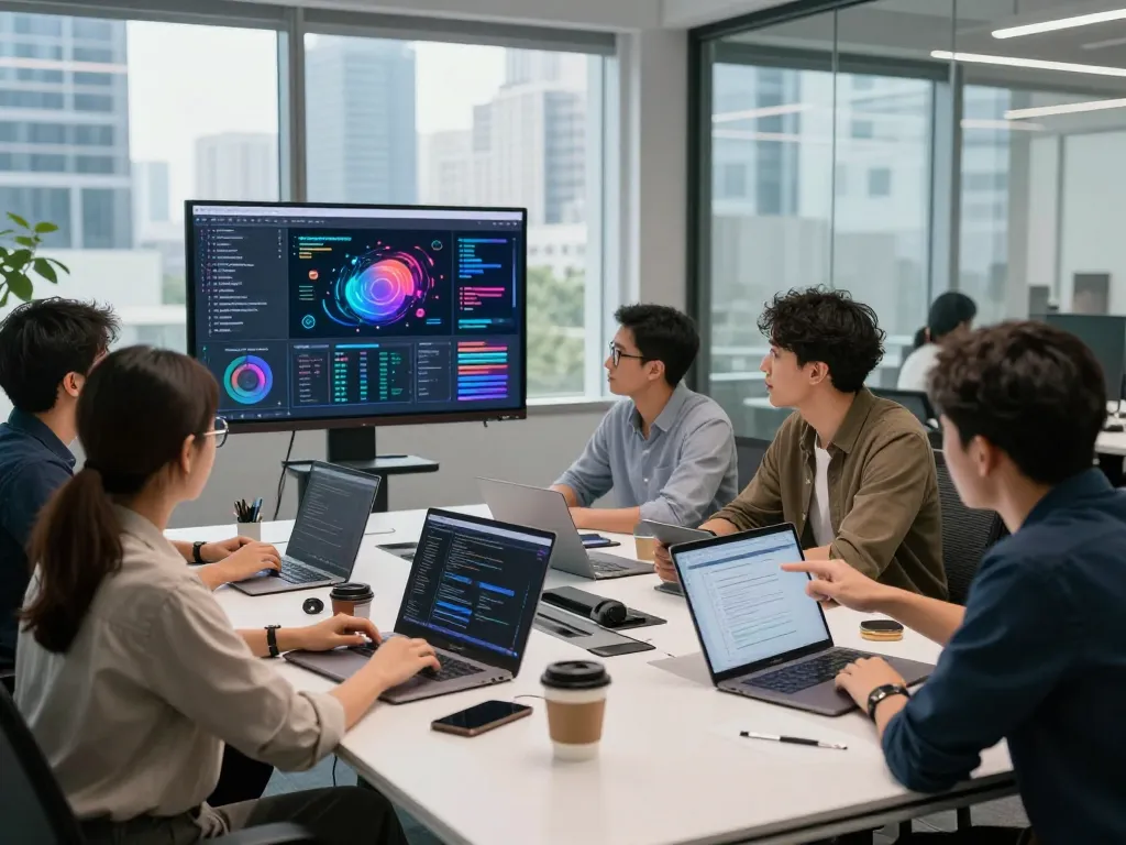 Developers collaborating in a modern tech office, showcasing nano banana flash image editing capabilities