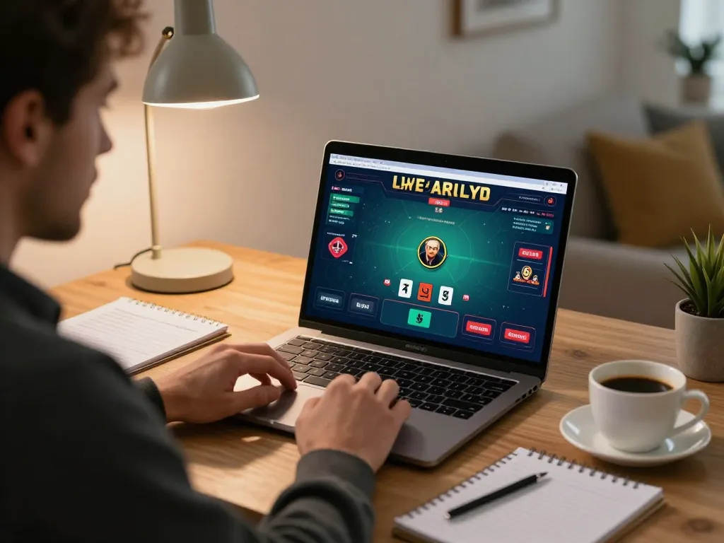 Player engaging in an open88 live blackjack game on laptop in a cozy home office.