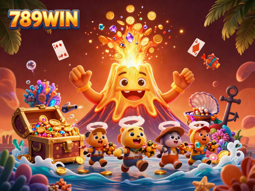 Experience thrilling treasures with 789WIN in this vibrant 3D casino scene of gold and gems.