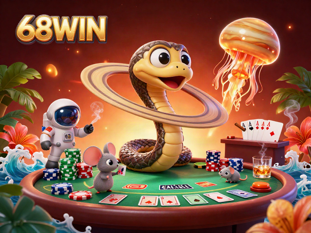 Engaging 3D casino scene of tiny astronaut mice betting on a Saturn roulette wheel, showcasing 68WIN.