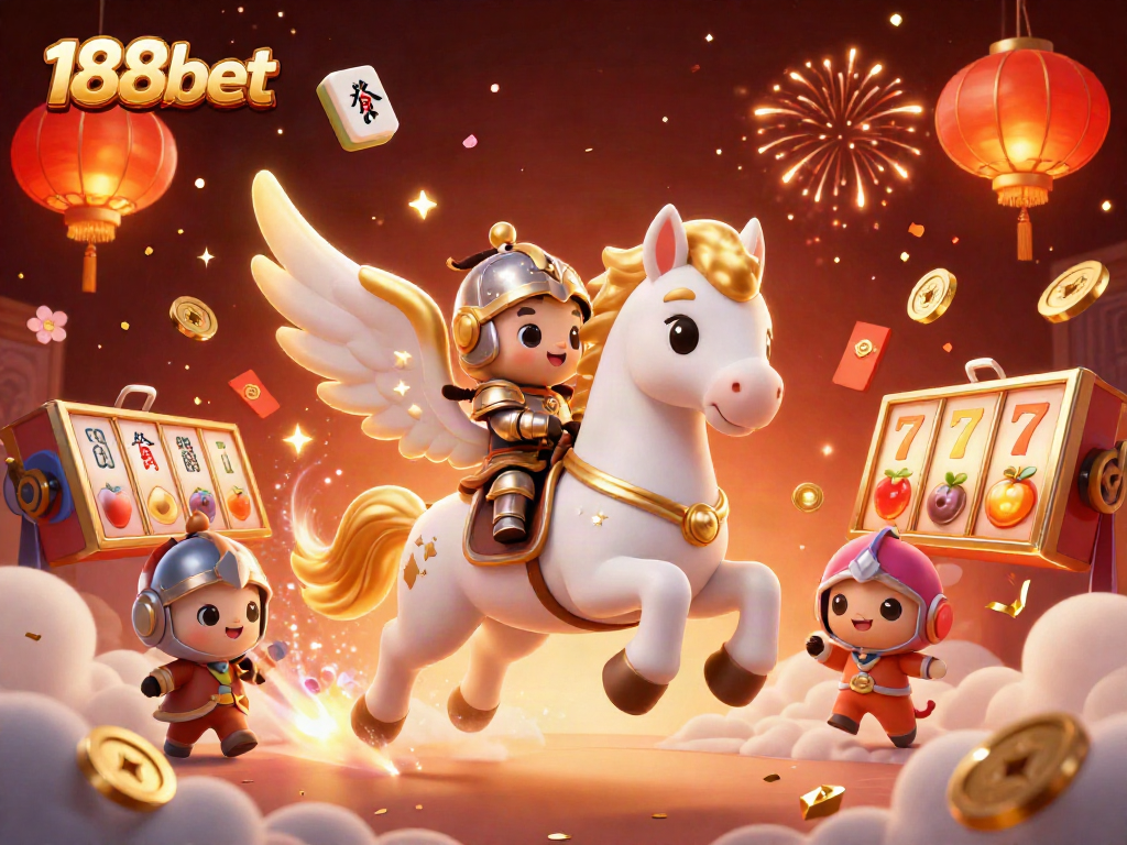 Experience thrilling gaming excitement with 188bet's celestial horse and festive casino elements.
