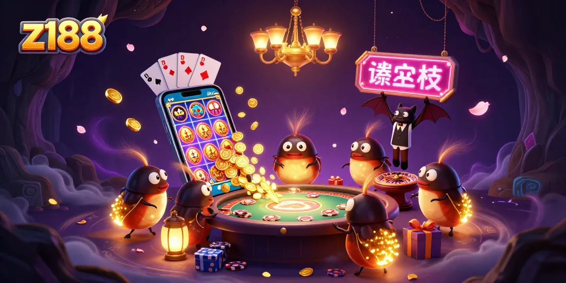 Z188 casino scene with glowworms lighting up a vibrant 3D cave, showcasing fun slots and gaming elements.