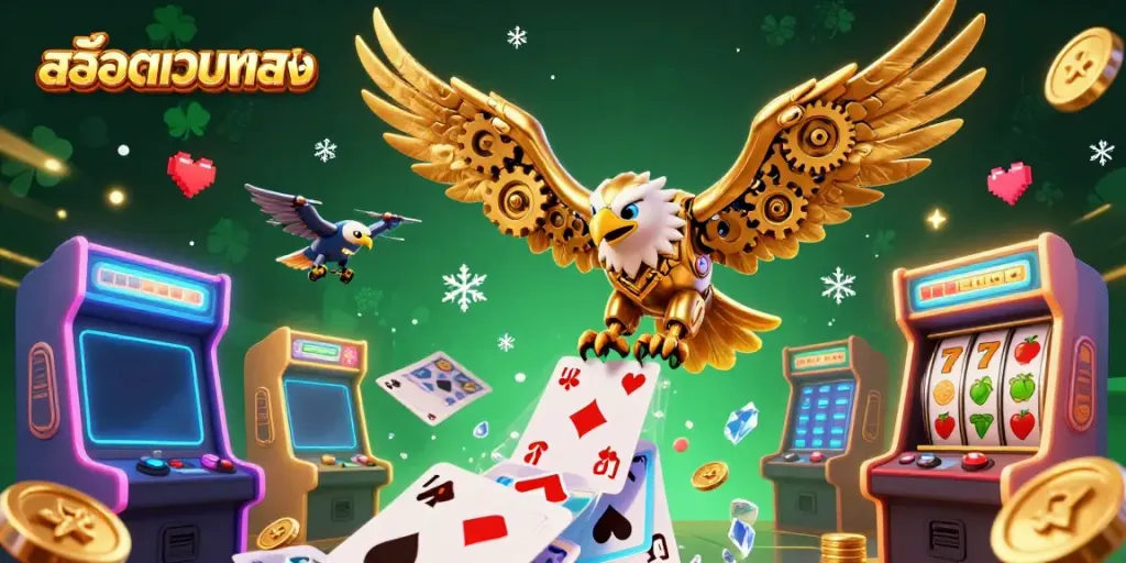 Experience thrilling สล็อตเว็บตรง action with a dynamic 3D illustration of a golden eagle diving through holographic cards.