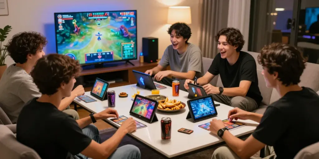 Friends enjoying an exciting online card game on GO88 in a cozy living room.