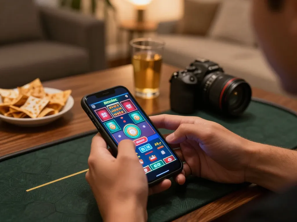 Engaged player making strategic moves on Hitclub casino app from a cozy home setup.