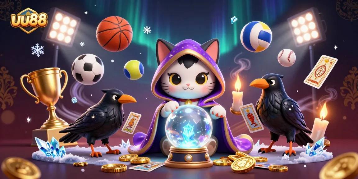 uu88 offers a thrilling gaming experience with a mystical cat, raven, and gambling elements