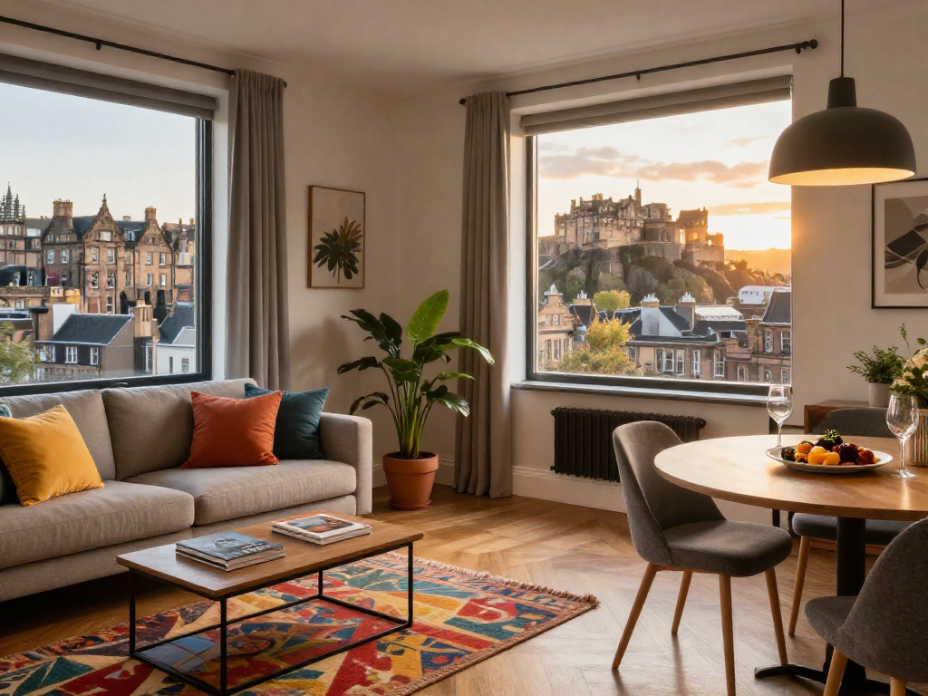 Stylish apartment for short term lets Edinburgh with iconic city views and inviting decor.