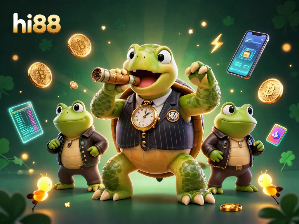 hi88 betting illustration featuring a cartoon turtle and bullfrogs amid vibrant casino elements