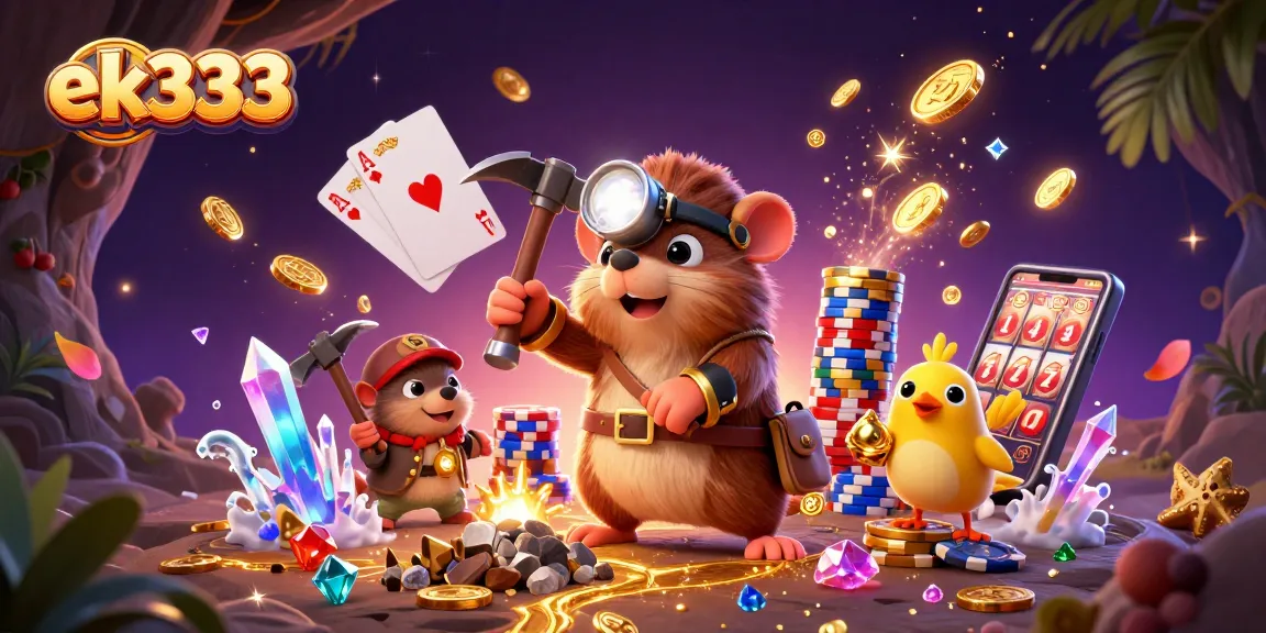 Experience thrilling wins with ek333 in this vibrant online gaming illustration featuring treasure hunting.