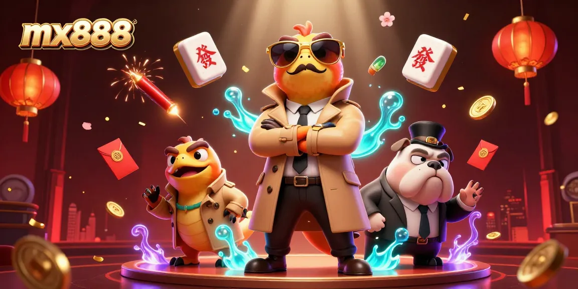 Experience excitement at mx888 with vibrant casino elements and playful raptors in a trench coat.