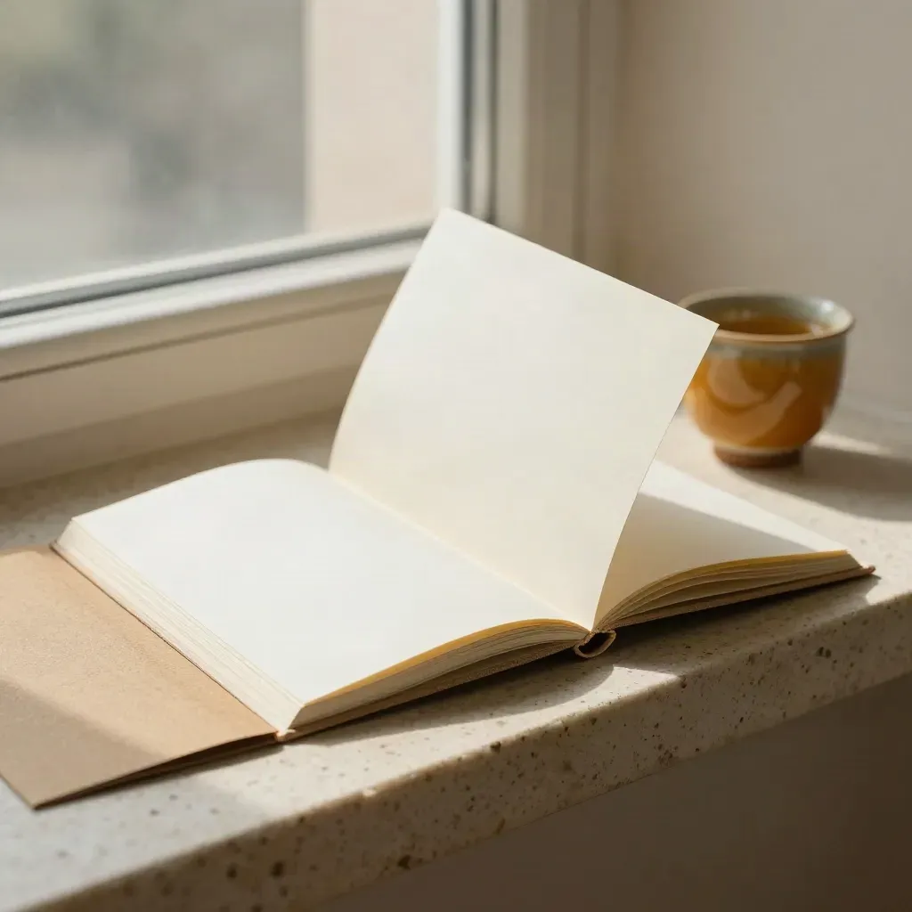 A stitched profile booklet, folded sleeve, and amber ceramic cup on a pale stone shelf in soft window light.