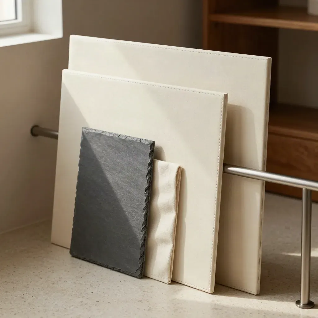 Cream presentation panels and a slate sample book on travertine in warm studio light.