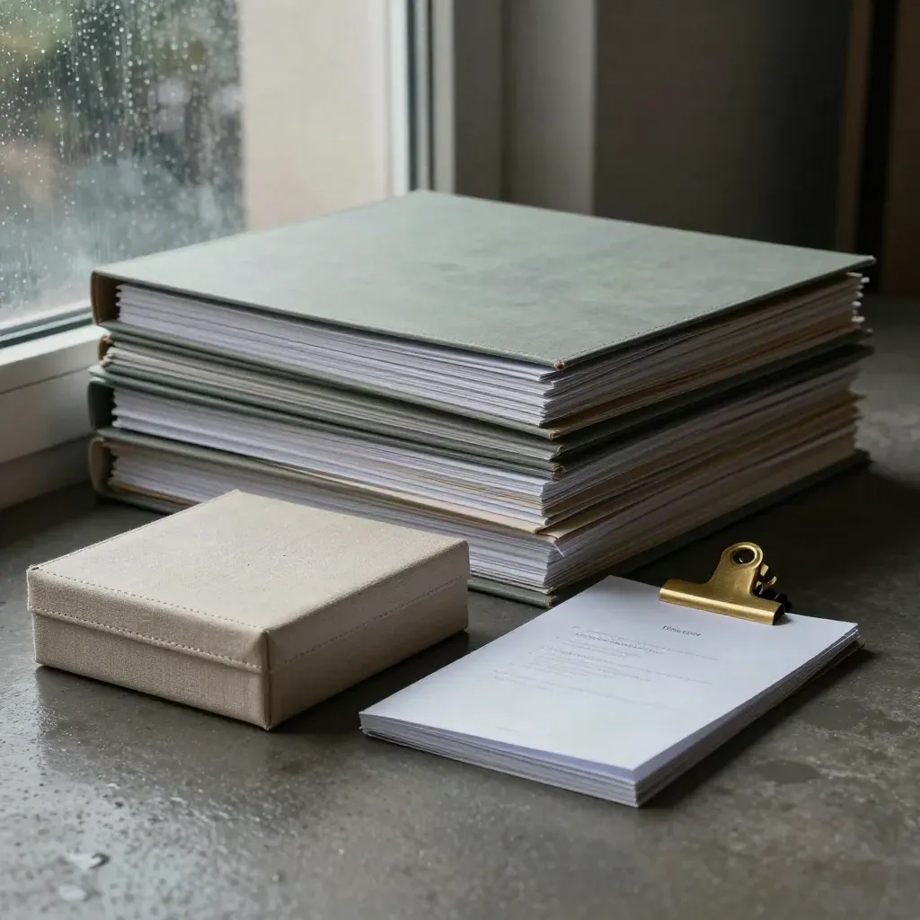 Archive folios, linen box and CV booklet in a rain-dim print studio with dramatic rim light.