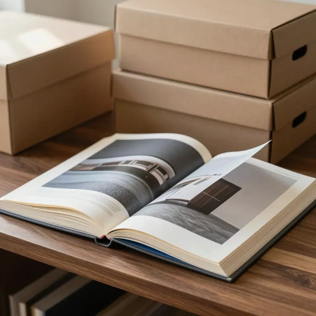 Open project folio on a shelf with stacked archive boxes behind, lit cinematically.