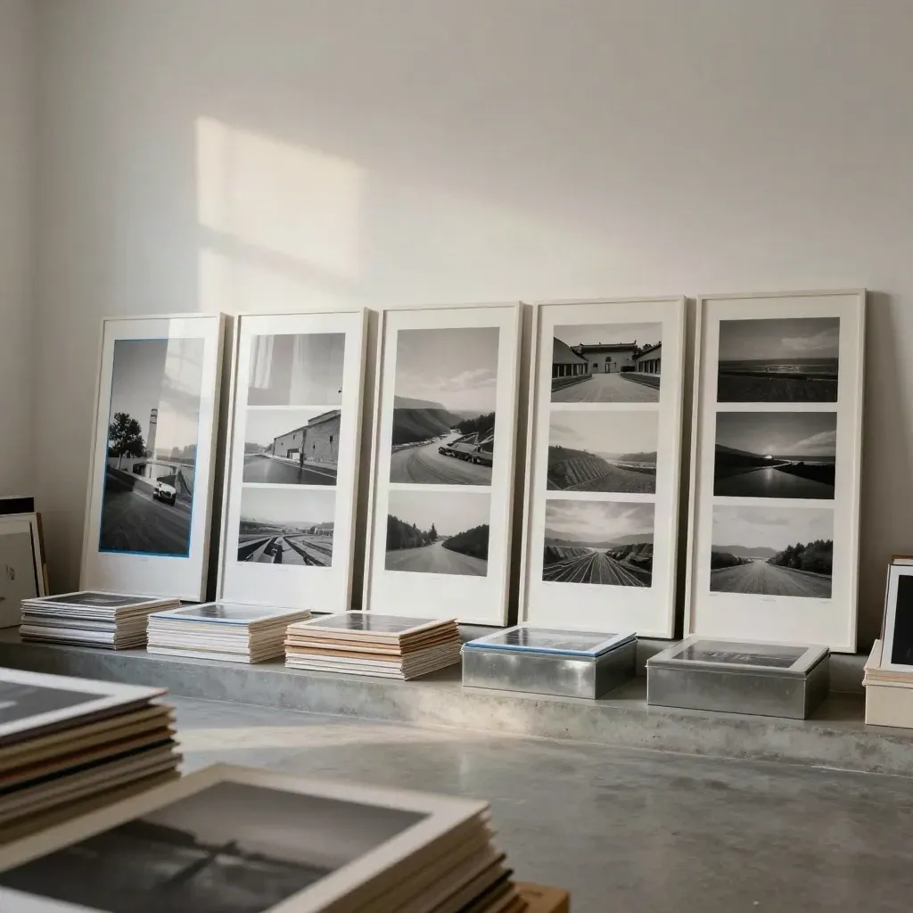 Wide print-room scene with portfolio boards on a wall and archive folios on a low ledge.